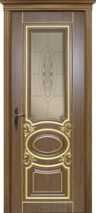 Межкомнатная дверь Оливия 2, 3D фрезеровка патина золото каштан, стекло сатинат с фацетом и гравировкой