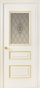 Межкомнатная дверь Геона Прованс, эмаль крем, патина золото, стекло сатинат гравировка витраж