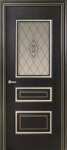 Межкомнатная дверь Геона Прованс, эмаль чёрный янтарь, патина серебро, стекло сатин гравировка витраж