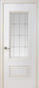 Межкомнатная дверь Геона Ришелье, эмаль белая, патина золото, стекло сатин гравировка бевелсы