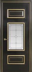 Межкомнатная дверь Геона Франческо, эмаль чёрный жемчуг, патина золото, стекло сатин гравировка бевелс